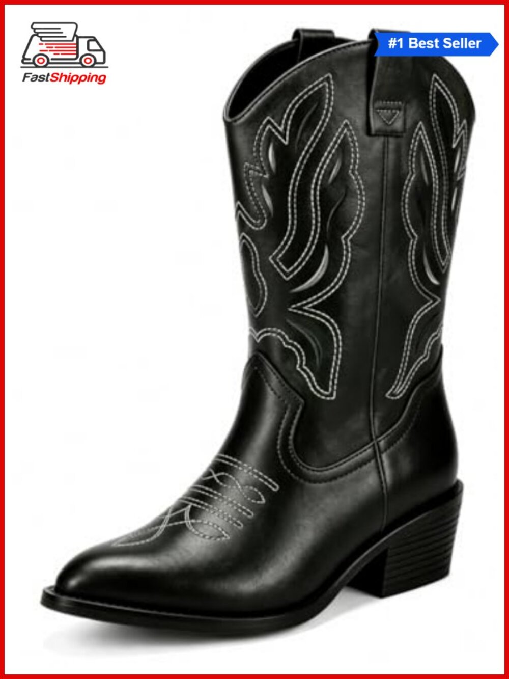 ✨Wide Calf Cowboy Boots Faux Leather Western Pointed Toe 2-Inch Heel